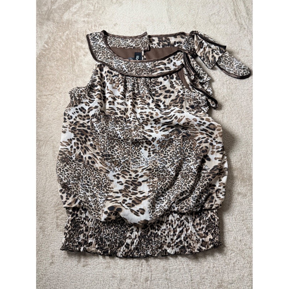 IZ Byer Leopard/Animal Print Smocked Bow  Top  L y2K Tuscan Mom IndieSleeze